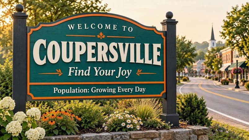 A wooden sign reading Welcome to Coupersville, Find Your Joy, Population: Growing Every Day, beside a tree-lined main street of shops.